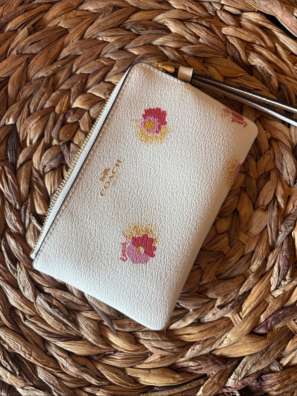 Coach Cream Floral Zip Wristlet with Pink and Yellow Accents